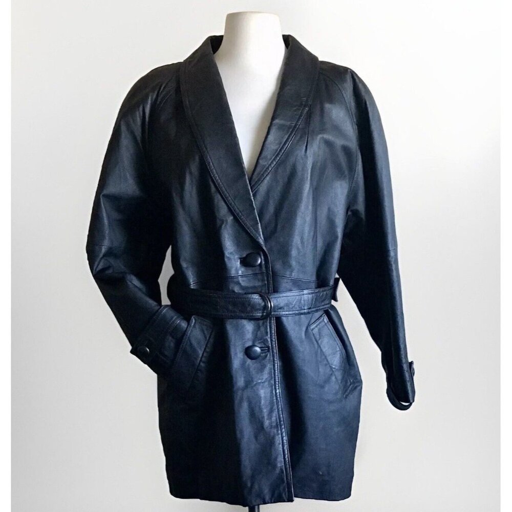 Liz Baker‎ Black Leather Wrap Jacket 3/4 Length Belted Coat Size Petite Large